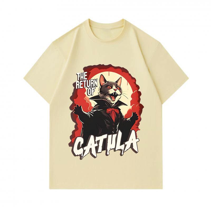 Men's 100% Cotton Crew Neck Short Sleeve T-Shirt, The Return of Catula Vampire Cat Print Casual Halloween Costume Top for Daily Wear