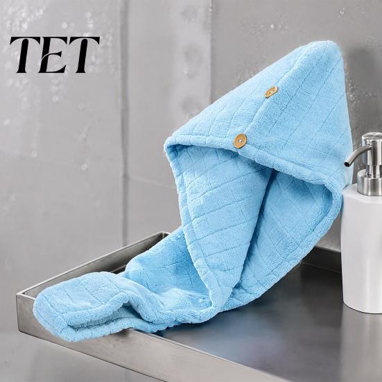 Odor Free Hair Drying Cap Coral Fleece Towel Wrap with Button, Thick Quick Dry Super Bonnet for Shower Absorbent Turban, Long Turban