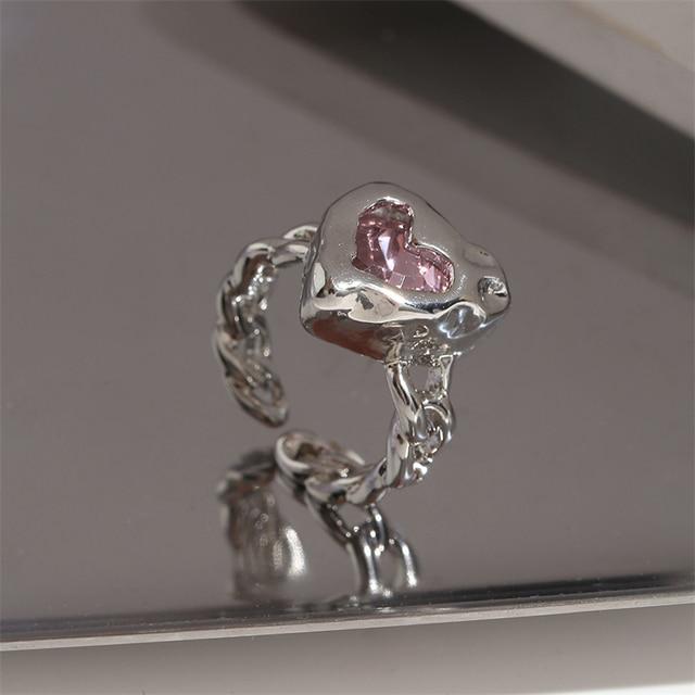 Kpop Silver Color Rings Set Y2K Crystal Heart Rings for Women Hollow Trendy Fashion Jewerly Rings Accessories