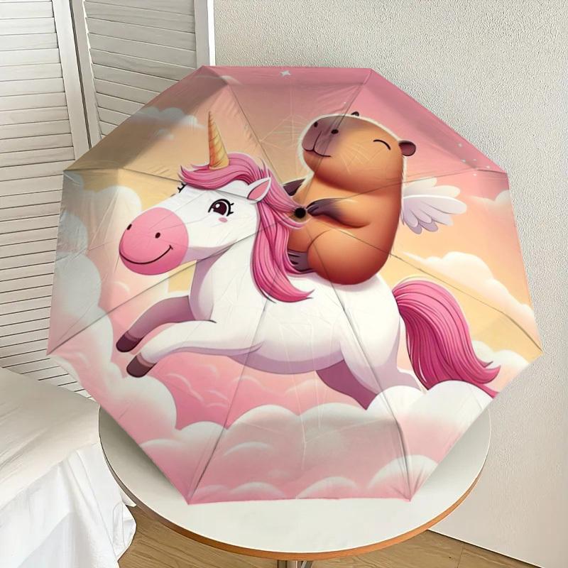 1pc Unicorn Capybara Ride Sky Umbrella with Plastic Handle,Suitable for All Seasons Home Travel Outdoor UmbrellaDD187
