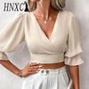 HNXC Женские модные повседневные летние однотонные блузки и рубашки с v-образным вырезом и длинными рукавами с принтом
