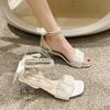 Fairy Style Square Toe Lace String Bead Wedding Shoes Transparent High Heels Elegant Women Summer High Heeled Sandals