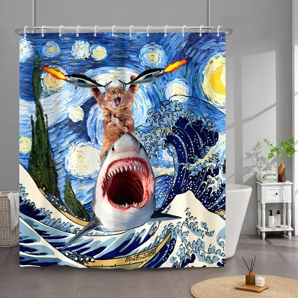Funny Cat Shower Curtain Cute Cool Kitty Riding Whale Cartoon Animal Ocean Wave Children Bathroom Curtain Waterproof With Hooks