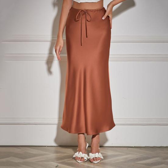 Women Skirt Silky Satin High Waist Drawstring Elastic Solid Color Ankle Length A-line Soft Breathable Casual Lady Maxi Skirt