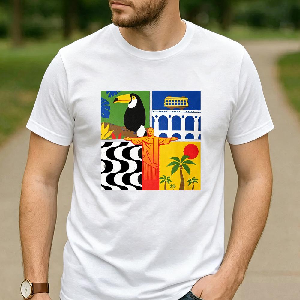 Rio de Janeiro Four Panel Pop Art Cotton T Shirt Brazil Toucan Christ the Redeemer Beach Graphic Unisex Unisex Unisex Streetwear Tee
