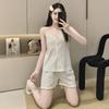 Женский летний пижамный комплект с цветочным принтом: Хлопковый топ на бретельках с V-образным вырезом, шорты и тонкий кардиган