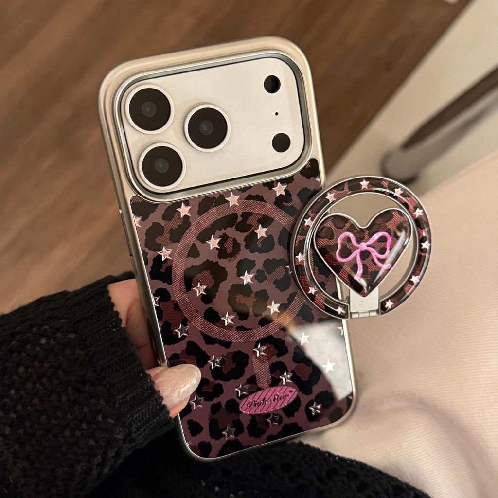 Leopard print bow case suitable for Apple 17 Pro Max, 13 gold-plated magnetic stand, iPhone 16 sweet and cool 15