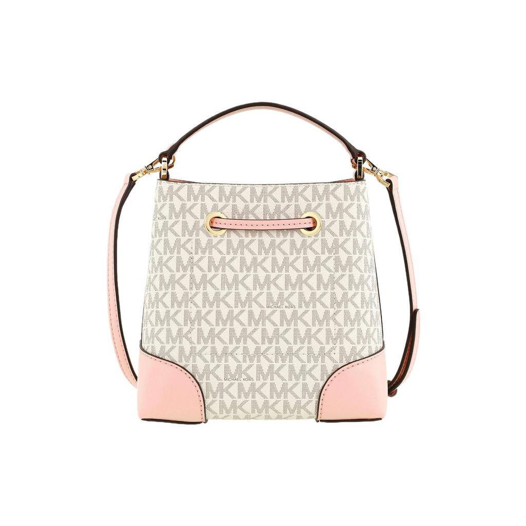 Michael Kors MK Mercer 18 Классическая Сумка-ведро с Монограммой и Завязкой из Покрытого Холста и Хлопка Женские сумки Белый Розовый 35F2GM9M1B-640