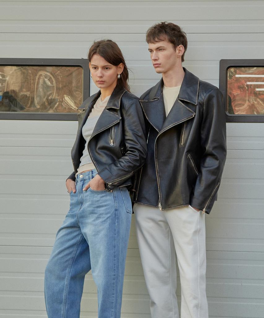 Pinblack [Men] Real Lambskin Shoulder Quilting Rider Jacket Black