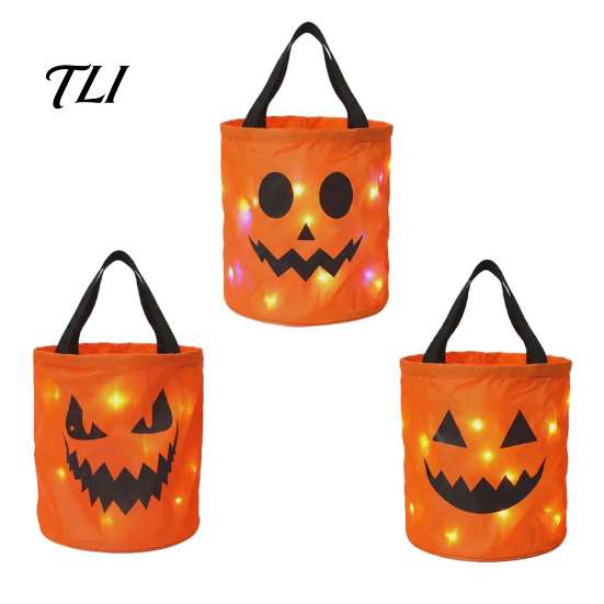 Trick or Treat Bags LED Light Up Halloween Bucket, Glow in The Dark Candy Colorful Event Supplies Bag with Handle, Reusable Lighted Goodie Gift