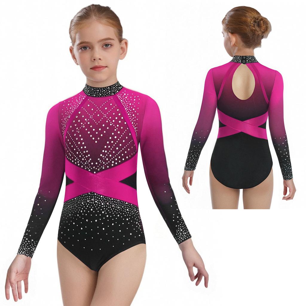Girls Color Block Ballet Leotard Shiny Faux Diamonds Rhinestone Long Sleeve Gymnastics Ballerina Jumpsuit