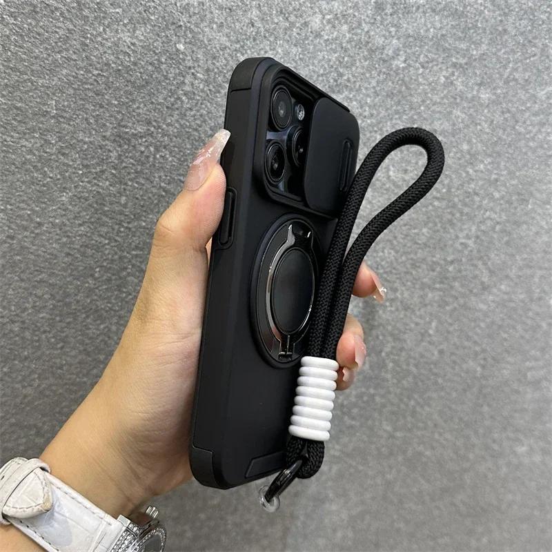 Новые бронированные магнитные чехлы-подставки для iPhone 16 14 13 12 11 15 Pro Max Plus со шнурком, сдвижной защитой камеры, противоударный чехол