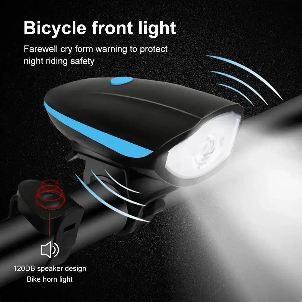 Bicycle Front Light with Bike Horn USB Rechargeable Bike Front Lamp Electronic Bell Cycling Flashlight Lantern MTB Accessories
