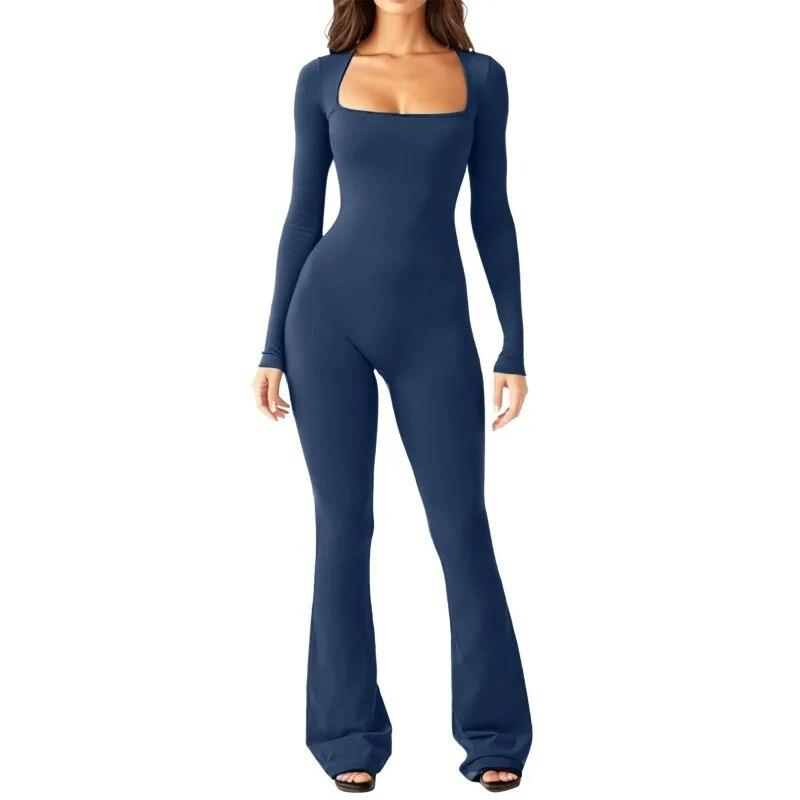 2024 Long Sleeve Square Collar Skinny Wide Leg Women Jumpsuits High Elastic Fashion Bodysuit Casual Solid Color Clothes 30648