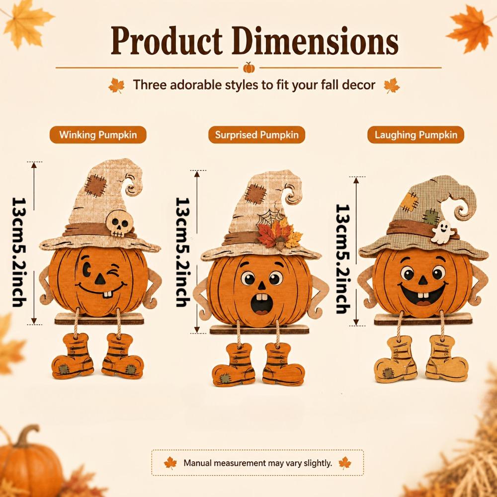 3Pcs Vintage Pumpkin-Shaped Wooden Ornaments 2D Flat Face Pumpkin Display Decor Holiday Gifts