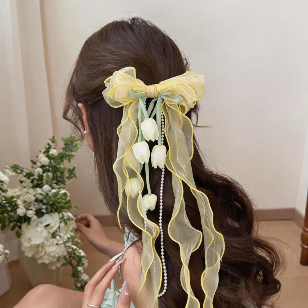 Fairy Style Tulip Hair Clips Mesh Ribbon Organza Bowknot Barrette Muguet Flower Hairpin Seaside