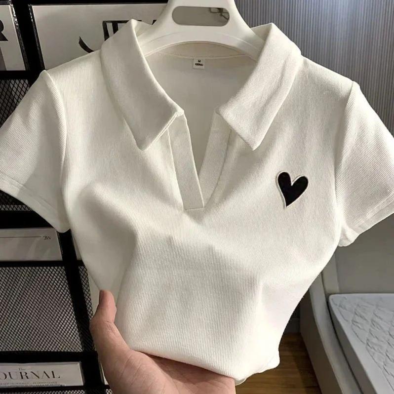 Loves Embroidery T-shirt Polo Collar Orthoshoulder Slim Hotsweet Women's Crop Top Korean Fashion Hottie Simple Casual