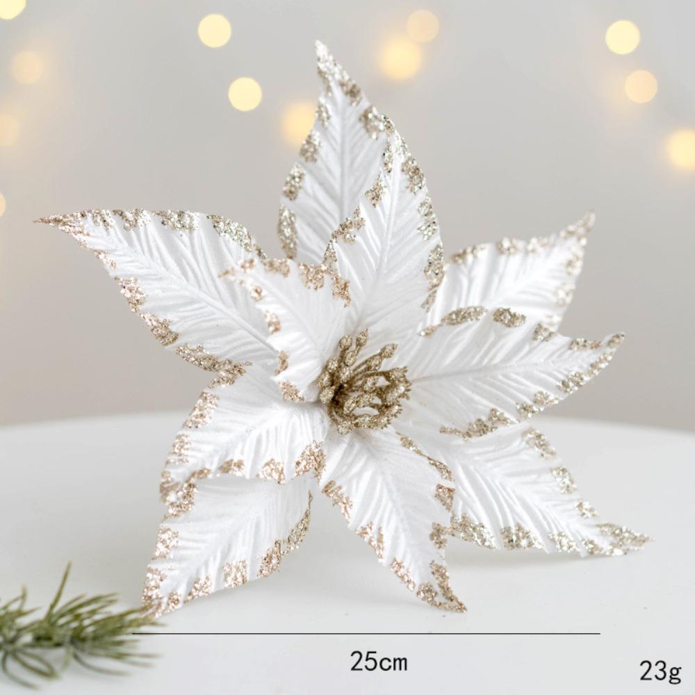 New Fabric Plastic Christmas Artificial Flowers 25cm DIY Decoration Fake Flower Ornaments Glitter Poinsettia Xmas