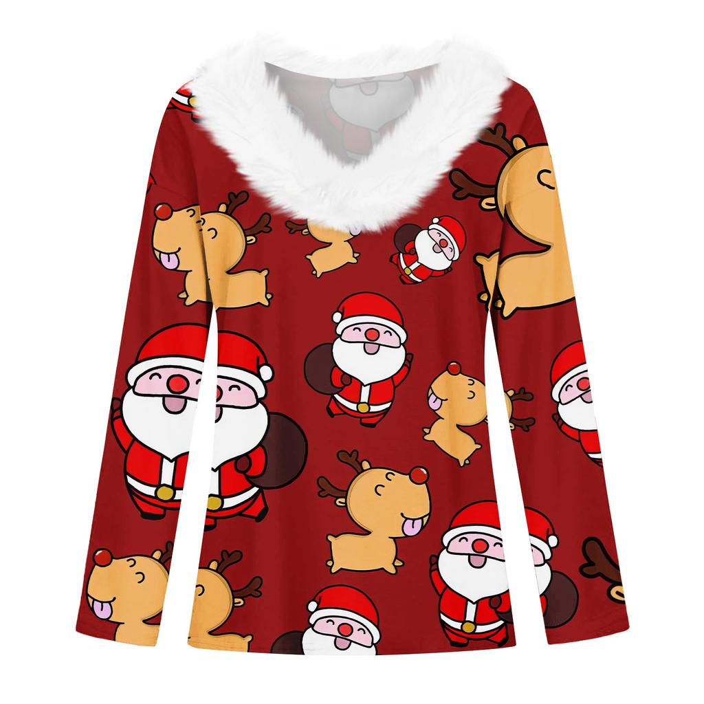 Женская мода с длинным рукавом и рождественским принтом, праздничный воротник, V-образный вырез