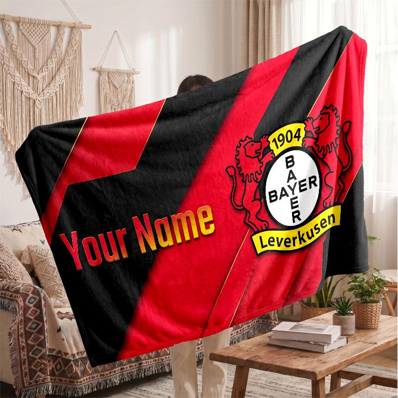 Bayer Leverkusen Football Personalized Fleece Blanket With Football Logo, Custom Name Text Soft Warm Home Throw Blanket