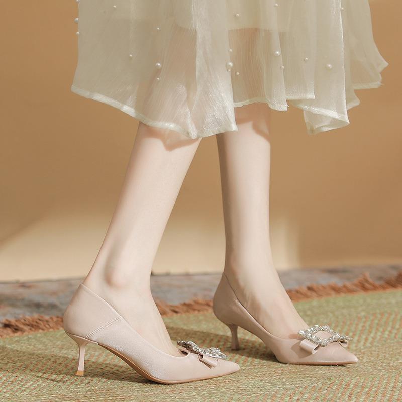 Весна и лето Новый стиль шпильки на высоком каблуке женские остроконечные стразы квадратная пряжка модные одинарные туфли