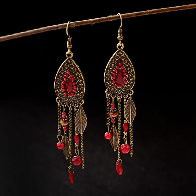 TopHanqi Womens Bohemia Ethnic Bronze Water Drop Earring Multicolor Stone Metal Leaf Pendant Long Tassel Earrings Indian Zircon