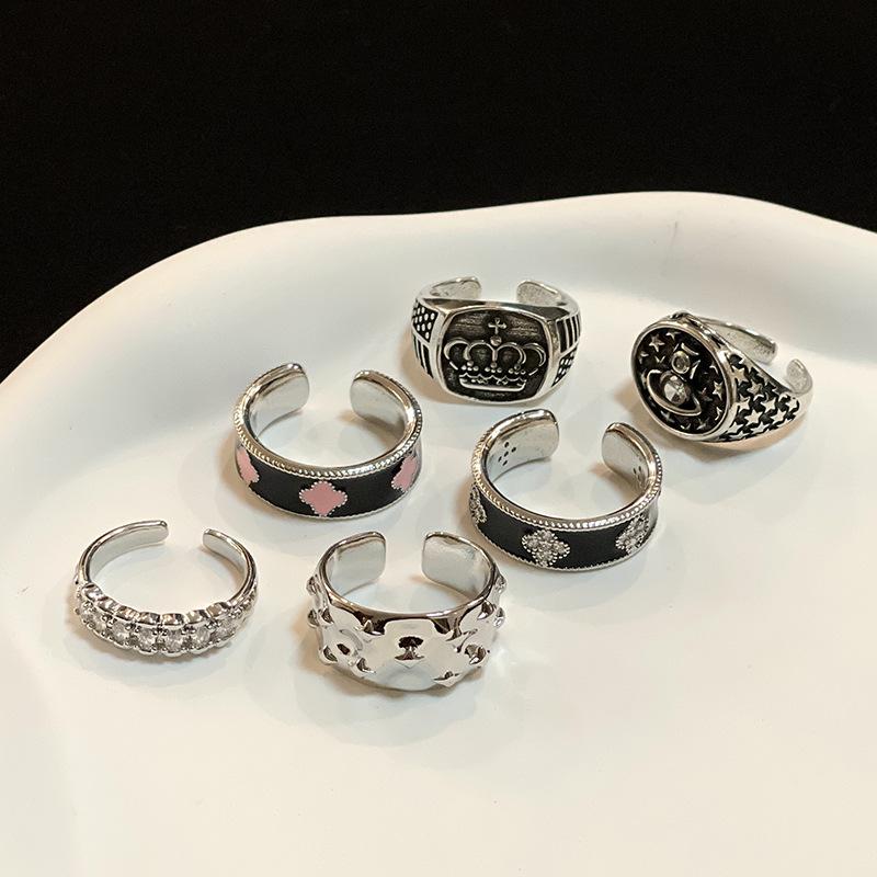 Vintage Retro Four-Leaf Clover Personalized Crown Open Ring Fashion Niche High-End Jewelry Women