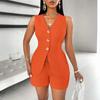 Women's Summer 2 Piece Outfits Sleeveless V Neck Button Down Vest Top Lace-up Shorts