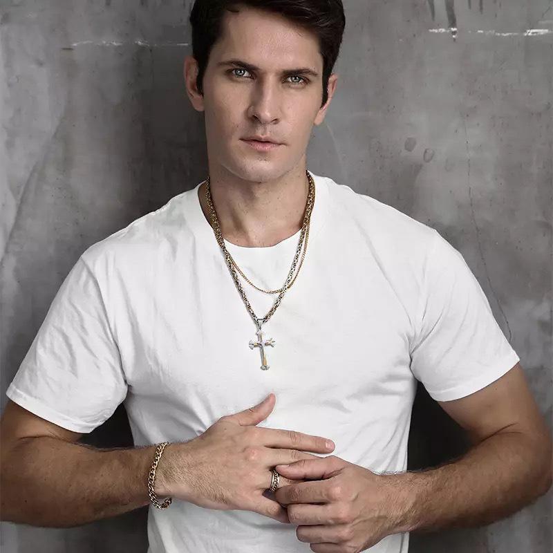 Men's Cross Necklace Gold Color Black Cross Pendant Stainless Steel Byzantine Chain Necklace Hip Hop Male Jewelry