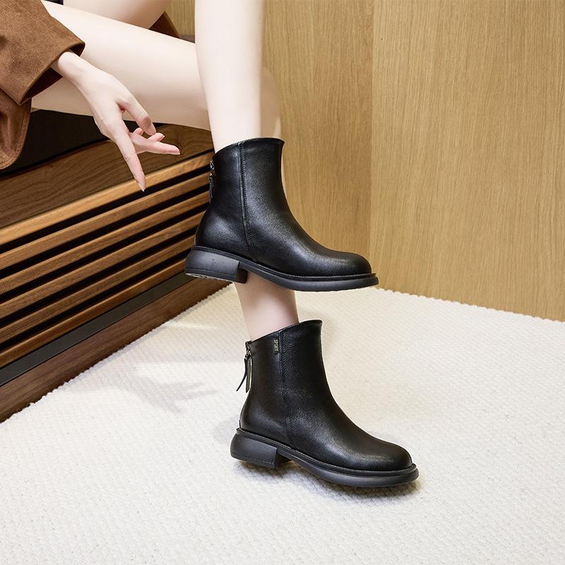 Autumn Leather Martin Boots Women's Rear Zipper Women's Leather Boots One Pedal Platform Casual Shoes