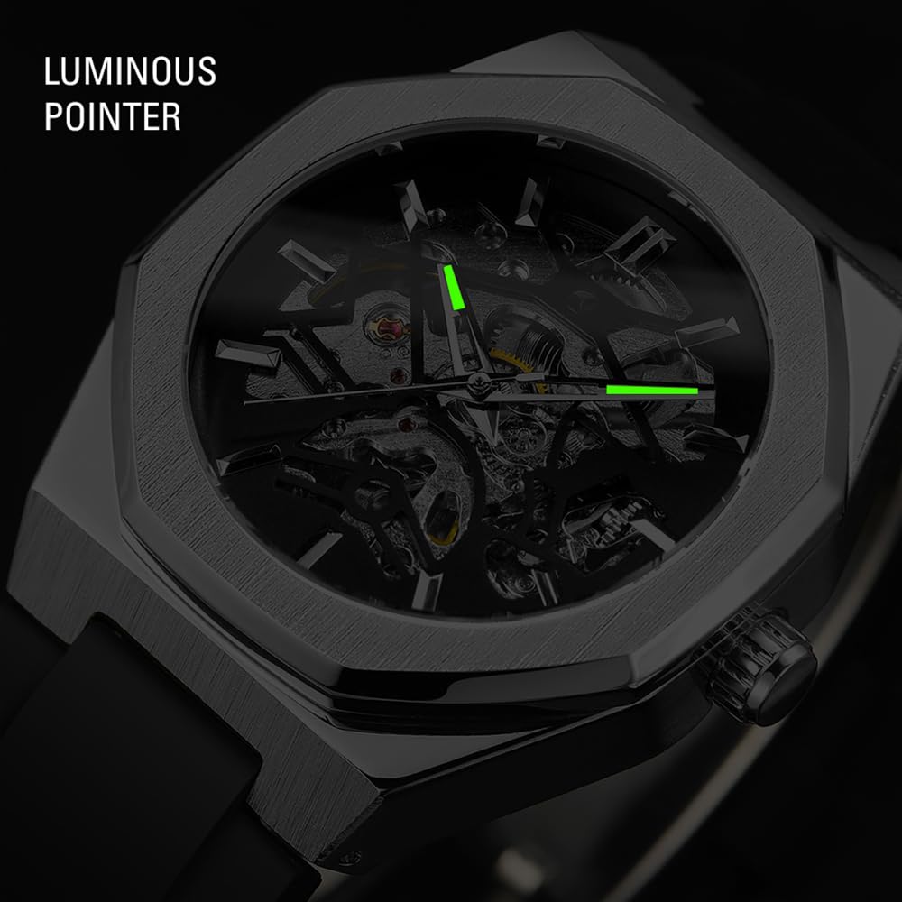Мужские скелетонизированные автоматические механические часы BOLYTE со светящимися стрелками, черным силиконовым ремешком, восьмиугольным корпусом, серебристо-черные, в военном стиле