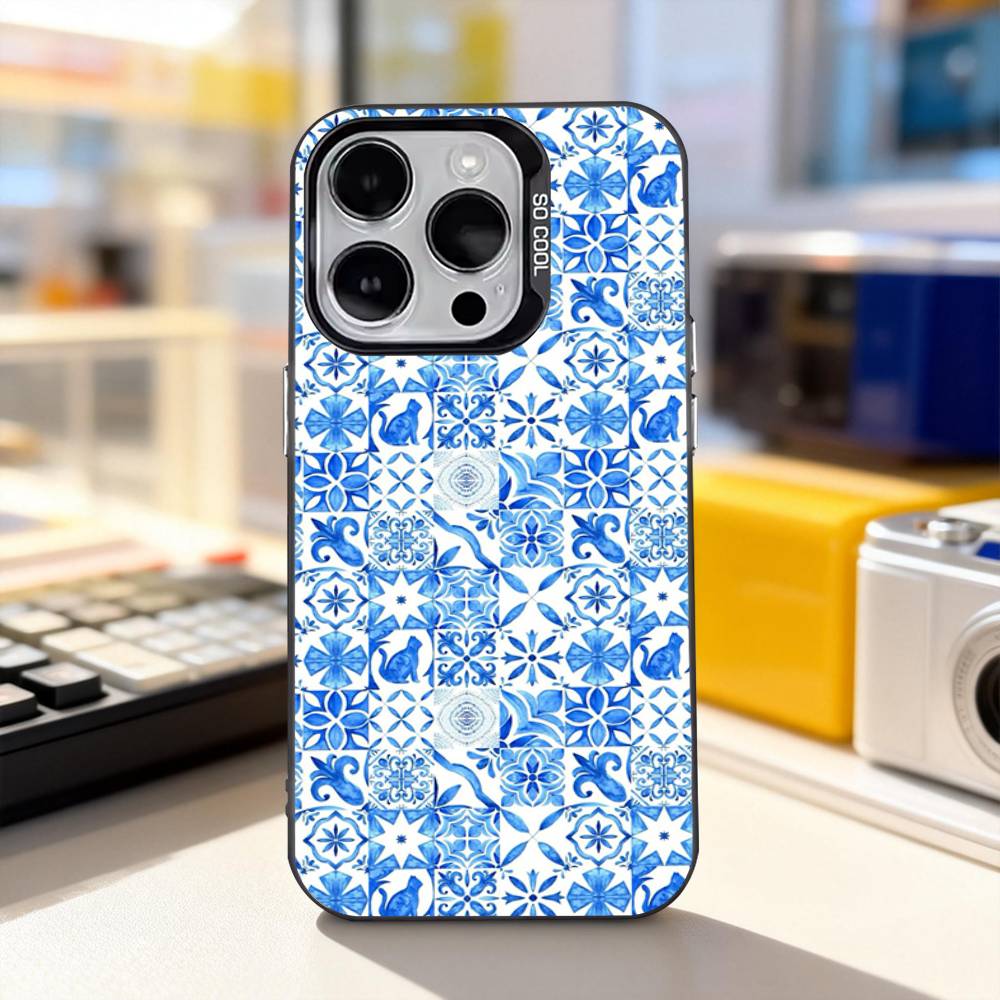 Сине-белый фарфоровый арт чехол для телефона iPhone 11, 12, 13, 14, 15, 16, 17, Pro, Max, Plus, E, Air, Mini IMD Матовый Черный