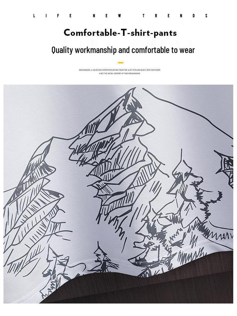 Мужская летняя футболка с коротким рукавом и принтом снежной горы и облегающие шорты, комплект из двух предметов