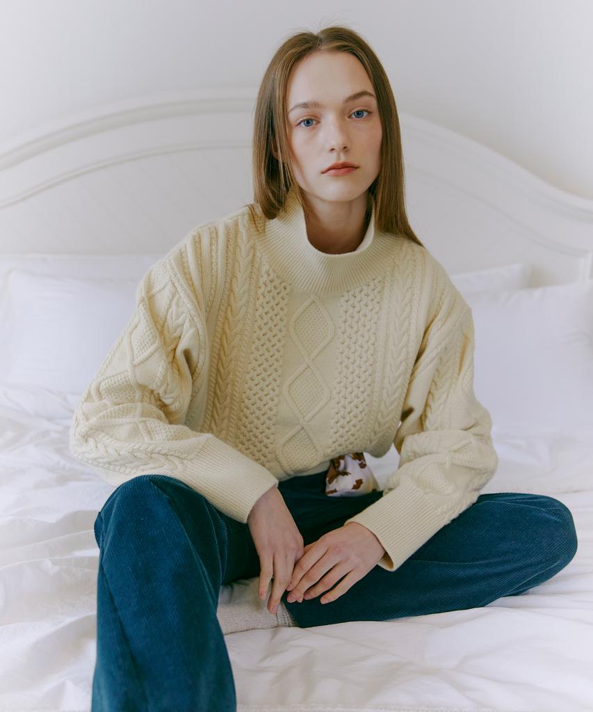 ETMON Turtle-Neck Cable Knit Top Butter