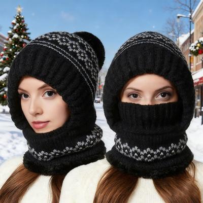 Вязаная шапка шарф три в одном с капюшоном головной убор лоскутное шитье цвет флисовая подкладка ветрозащитный зимний головной убор