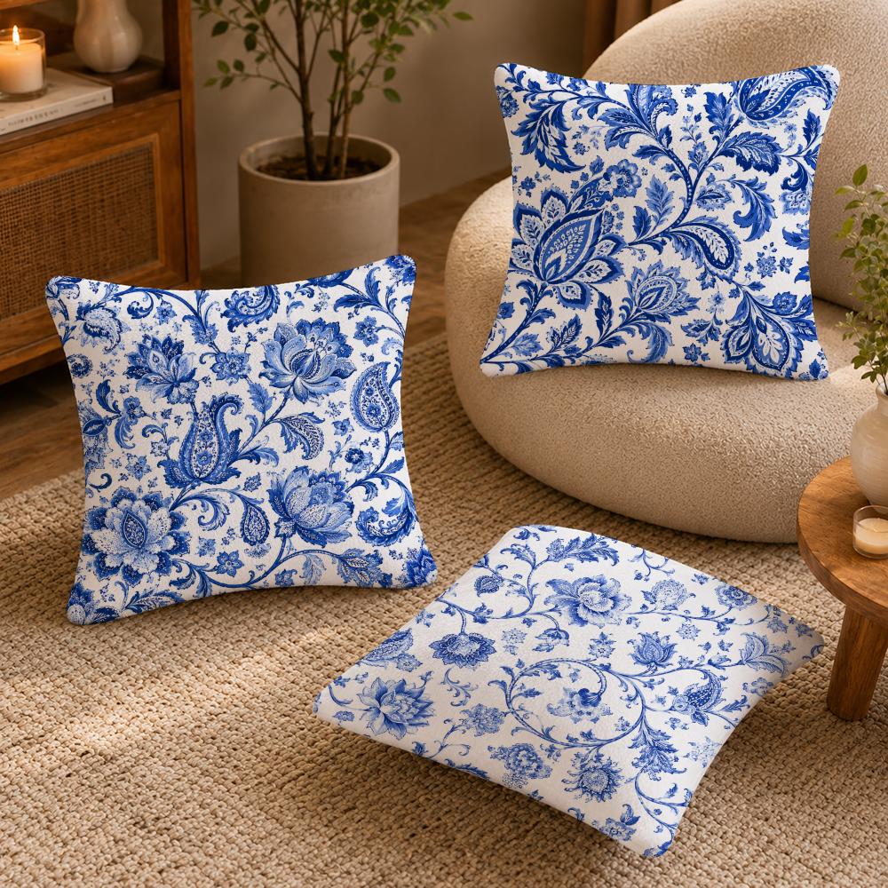 Blue And White Floral Pillow Case Breathable Organic Short Plush Cushion Covers Machine Washable Wrinkle-Resistant Soft Durable