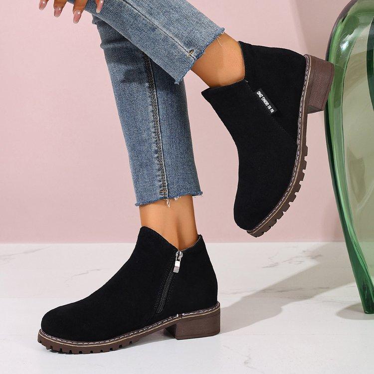 Модные осенне-зимние новые женские короткие ботинки 2025 с круглым носком, боковой молнией и открытыми лодыжками, квадратным каблуком, однотонные, большого размера, женская обувь