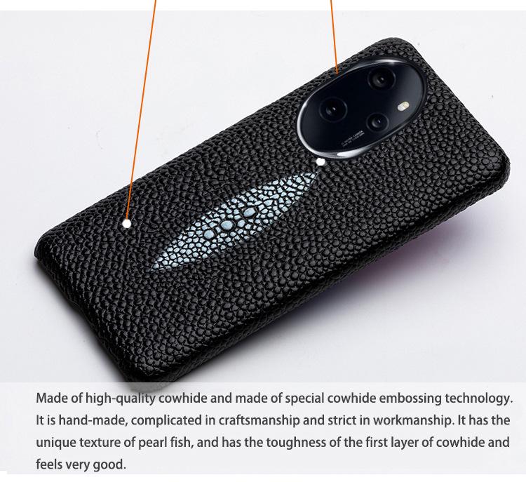 Чехол Honor 70 из воловьей кожи с рисунком в виде рыбки и жемчуга — получехол, совместим с моделью Pro