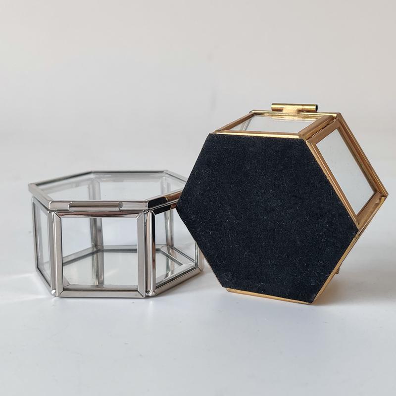 2021 Metal Small Glass Silver Trilateral Jewelry Boxes Transparent Trinket Organizer With Golden Edge and Lid