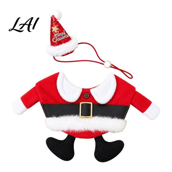 Funny Pet Christmas Costume Santa Set Dog Cat Outfit Festive Neck Collar Winter Warm Coat with Matching Hat Holiday Photo Prop for Small