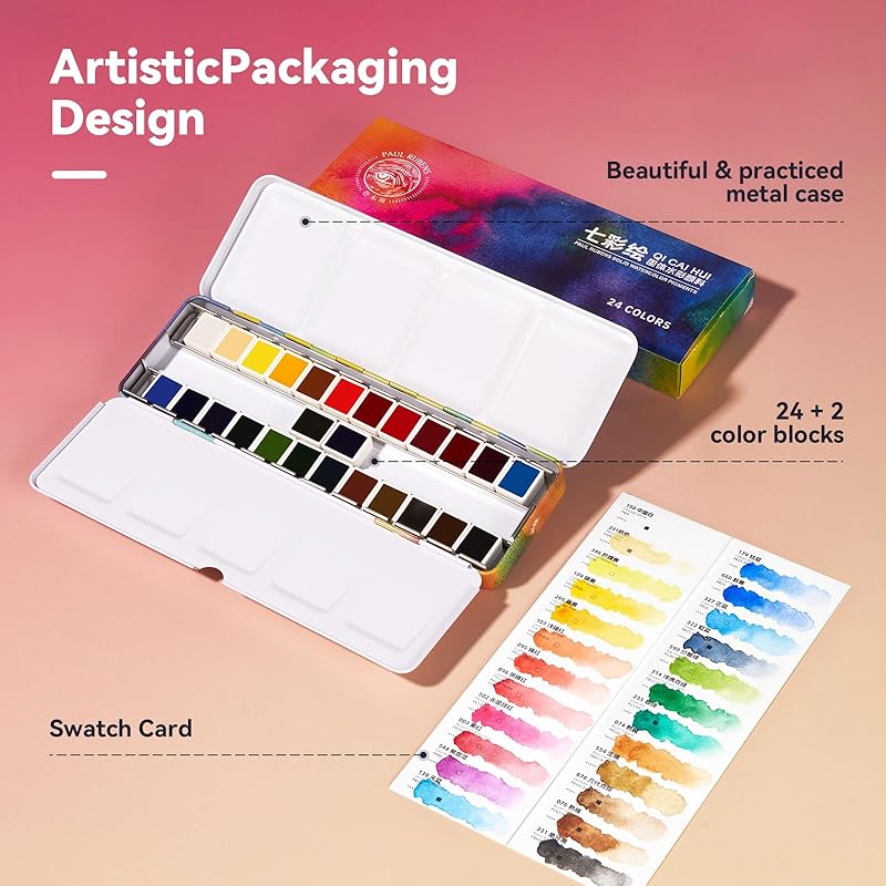 Paul Rubens Watercolor Paint Set, 24 Colors Solid Watercolor Paints, Easy to Blend and Diffuse Watercolor Palette, Compact and Portable Travel