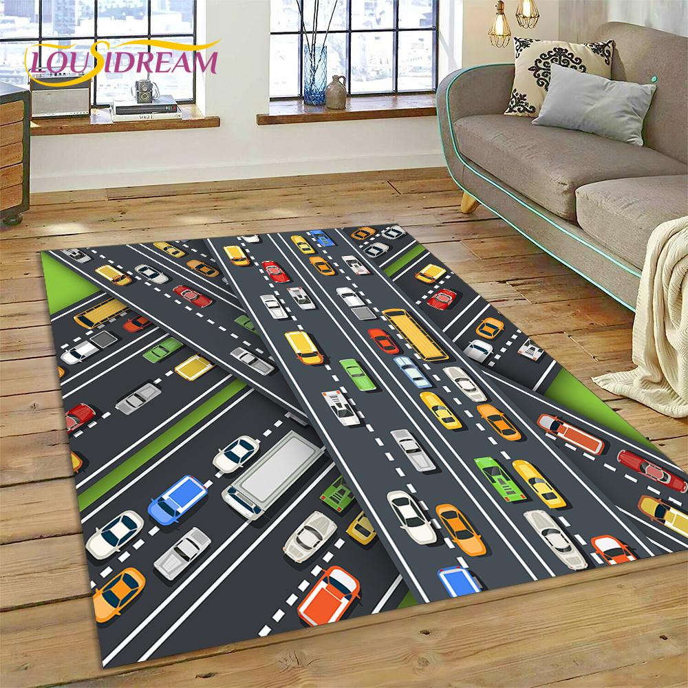 3D City Traffic Road Map Child PlayMat Highway Playroom Area Rug,Carpet Rug for Living Room Bedroom Sofa Doormat, Non-slip Gift