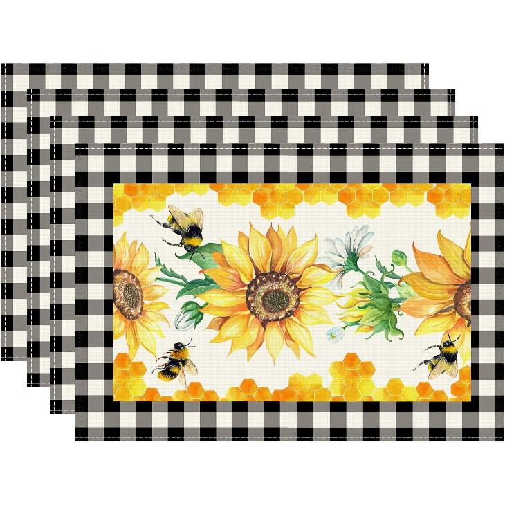 XCHI Black and White Buffalo Plaid Sunflower Daisy Bees Honey Summer Table Runner Decoration for Home Kitchen Holiday Party Farmhouse 13x72 Inch