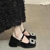 French Mary Jane Shoes Women's Spring and Autumn 2025 New with Skirt Rhinestone High Heels Single Shoes Thick Heel Square Head Small Leather Shoes