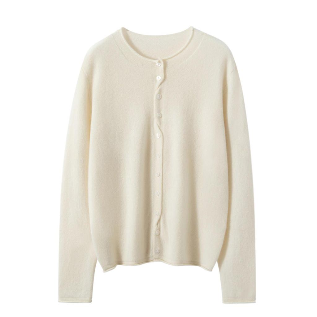 100% Pure Cashmere Rolled Edge Cardigan for Women - Slimming Autumn/Winter Knitwear Sweater with Multi-Button Style