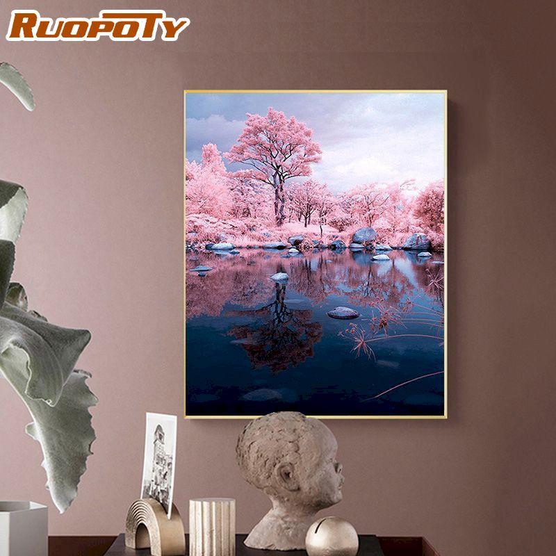 RUOPOTY Pink Scenery DIY Painting By Numbers Acrylic Paint By Numbers Landscape Wall Art Canvas Painting For Hobby Arts 40x50CM