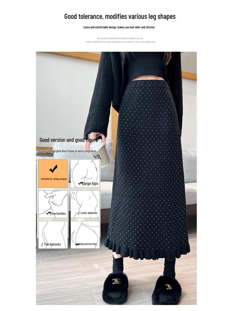 2025 Autumn/Winter Women's Polka Dot Lace Knit A-line Skirt - High Waist, Slimming, Lazy Style