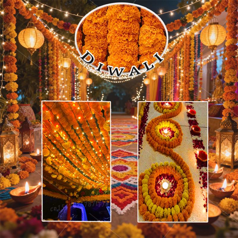 5‑40Pcs Marigold Flowers Garland for Decor 5Ft Artificial Marigold Flowers Wreath for Diwali Pooja Day of Dead Wedding Party