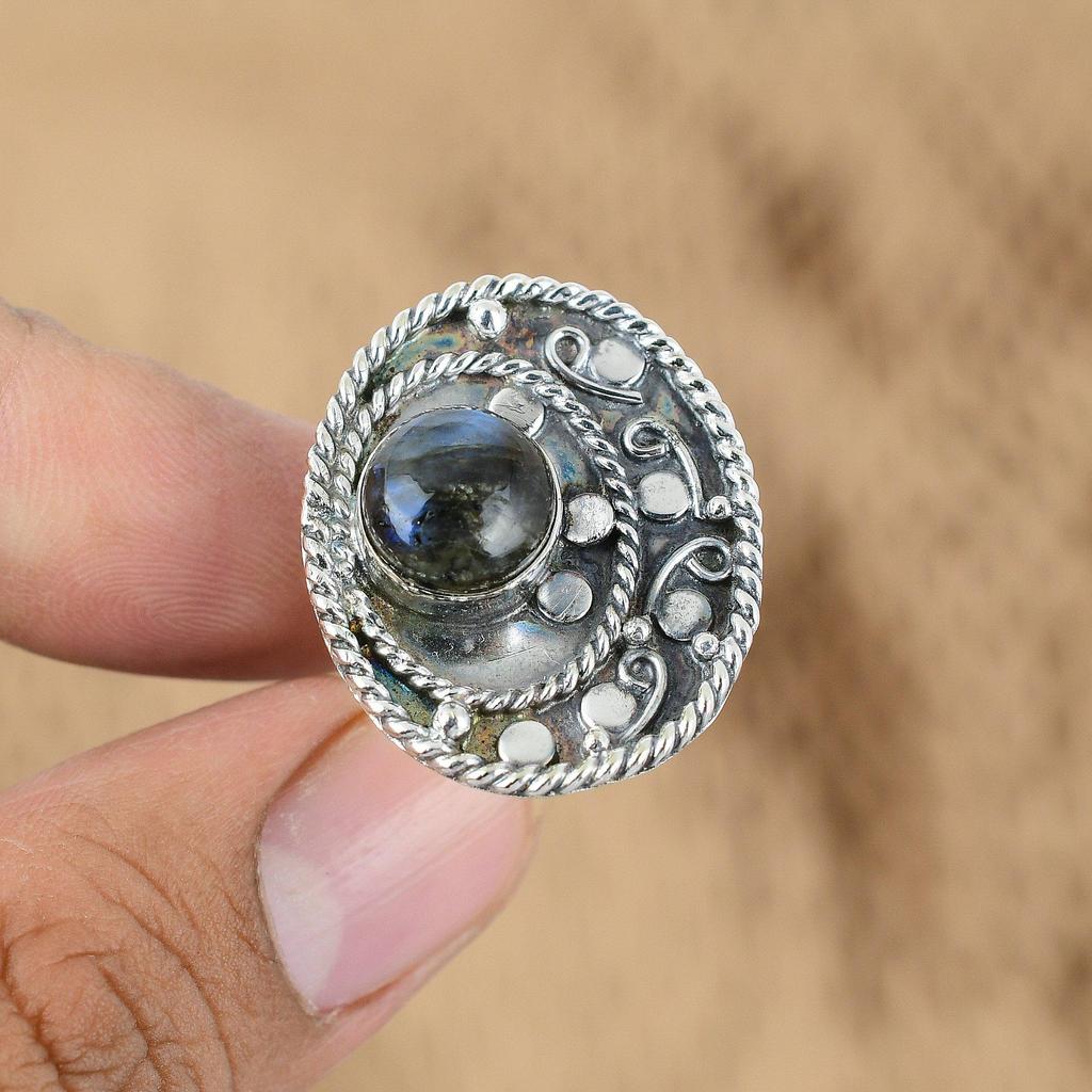 Sterling Silver Round Natural Labradorite Unique Multi Stone Trendy Ring Jewelry