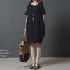Women's Plus Size Casual Summer Dress - Solid Color, Cotton & Linen, Short Sleeves